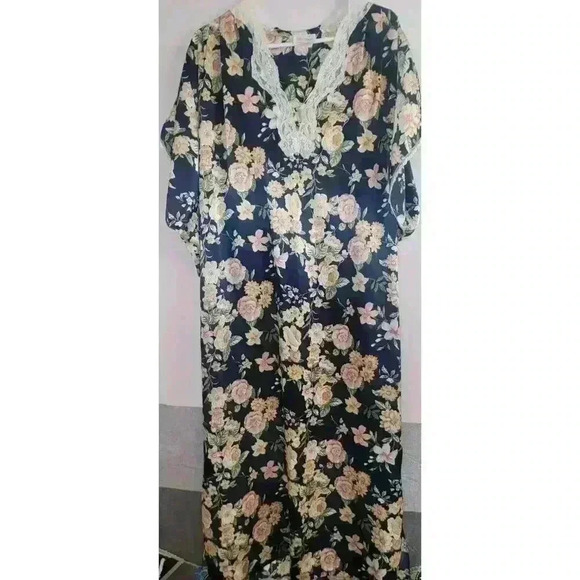Vtg Barbizon Kaftan Blue Floral Lace Grandmacore Nightgown XXL Maxi Mumu - Picture 8 of 16